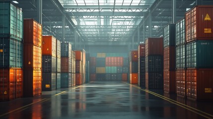 Shipping containers stacked in warehouse facility. Rows of colorful shipping containers stacked inside a large warehouse facility, illustrating global trade, freight logistics, and storage management.