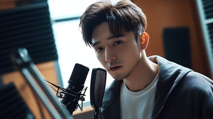 Aufkleber - Young musician in recording studio with professional microphone : Generative AI