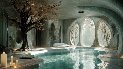 Wall Mural - A large tree is in the middle of a pool with a white bench. The pool is surrounded by a cave-like structure