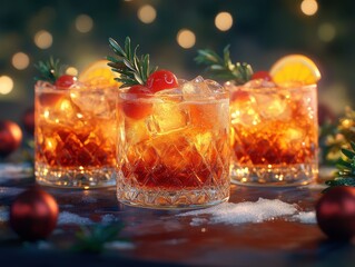 A holiday cocktail party with creative drinks, garnishes, and festive glasses close up, mixology magic, vibrant, multilayer, bar backdrop