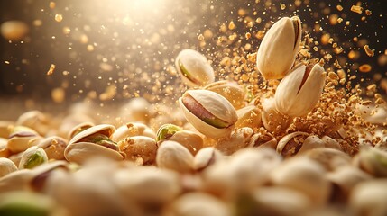 Poster - Dynamic Explosion of Pistachios with Chopped Nuts in Backlit Glow : Generative AI