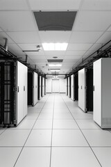 Poster - A state-of-the-art data center featuring rows of server racks, advanced infrastructure, and a clean, well-lit environment.