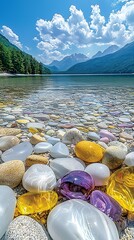 Poster - Picturesque Lakeshore with Multicolored Pebbles and Mountain View : Generative AI