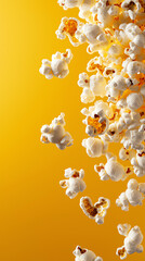 A fun and vibrant splash of popcorn against a bright yellow background capturing the joy of snacking in a minimalist style