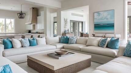 A contemporary living room with white walls, a beige sectional sofa, and sky blue decor accents