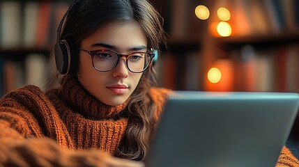 Poster - Focused young woman wearing headphones studying on laptop with cozy library background : Generative AI