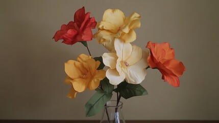 Poster - A vibrant bouquet of artificial flowers in a glass vase against a neutral background.