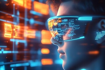 Aufkleber - Tech-savvy Teen in Neon Virtual Reality World with Data Streams : Generative AI