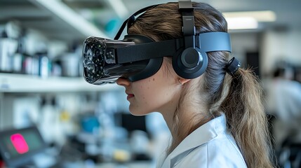 Poster - A female scientist in a lab coat and VR headset experiences virtual reality in a lab.