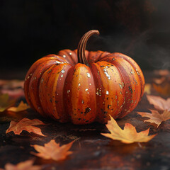 Artistic close-up of a rustic pumpkin with a textured, speckled surface, surrounded by autumn leaves on a dark background. The warm colors evoke a cozy, seasonal atmosphere