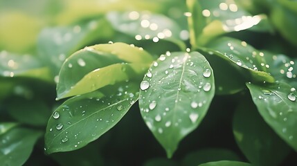 Poster - Closeup of vibrant green leaves with fresh dewdrops reflecting morning light in nature : Generative AI