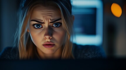 Poster - Young Blonde Woman Analyzing Data on Laptop in Dimly Lit Room : Generative AI