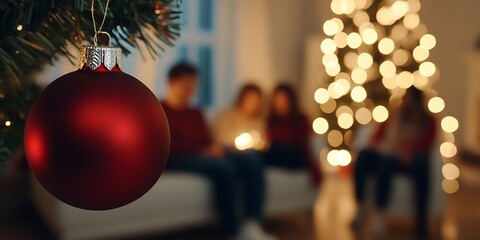 Poster - Red Christmas Ornament on Tree with Family Gathering in Warm Festive Setting : Generative AI