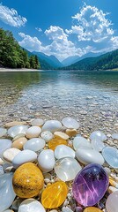 Aufkleber - Serene Mountain Lake with Colorful River Rocks under Bright Summer Sky : Generative AI