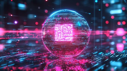 Poster - Vibrant Neon Digital Sphere with Abstract Technology Patterns : Generative AI