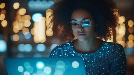 Poster - Professional woman working late on laptop with ambient bokeh lights : Generative AI