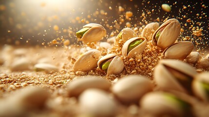 Poster - Macro Shot of Pistachios Bursting Energy with Crushed Shells : Generative AI