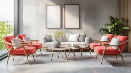 A living room with coral accent chairs, gray concrete floors, and decorative pillows in light gray and white for a harmonious color balance