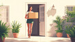 © fanjianhua - A woman holding a delivery cardboard box at her doorstep