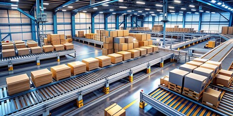 A factory conveyor belt system streamlines logistics, packaging, and shipping processes, enhancing warehouse distribution efficiency in supply chain management for handling boxes effectively.