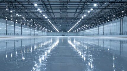 Poster - Illuminated by brilliant overhead lights, a large, empty ice rink awaits action. The flawless white ice reflects the arena's bright lights, creating a serene atmosphere in this spacious venue