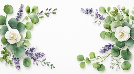 Poster - Delicate, airy wreath made of eucalyptus and lavender in soft watercolors on white, perfect as a border or frame for card designs and invitations
