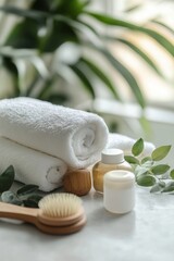 Wall Mural - A white towel is stacked on top of another white towel. A wooden brush is next to the towels. There are two bottles of lotion and one bottle of shampoo on the table