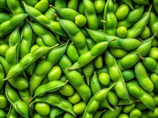 Vibrant green edamame soybeans, fresh and raw, showcase their nutritional richness, perfect for healthy diets and culinary innovations in a closeup background setting.