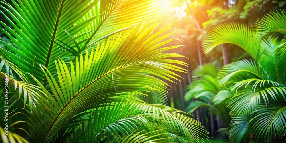 Vibrant green palm leaves fill the frame in a sunny tropical garden ...