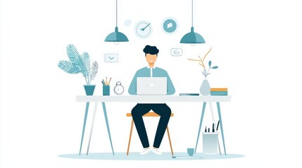 Poster - Freelancer typing on laptop at a dining table, surrounded by work tools and natural light.