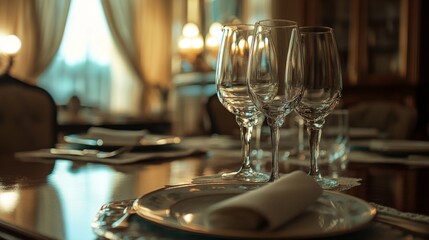 Wall Mural - A table with three wine glasses and a napkin. The table is set for a meal. Scene is elegant and sophisticated