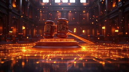 Poster - A dynamic scene featuring a digital gavel with holographic elements, set against a backdrop of a courtroom and tech interfaces, symbolizing the integration of technology in modern legal systems