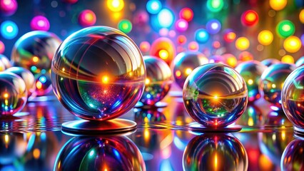 Vibrant spheres radiate glowing lights, showcasing colorful reflections, creating an enchanting design element ideal for creative projects and captivating visual experiences.