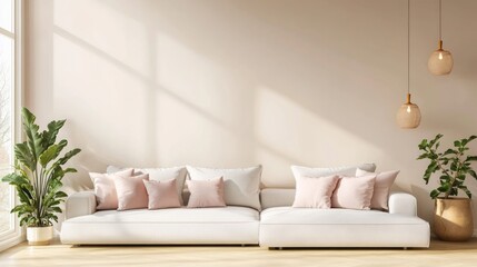 A minimalist contemporary living room with beige walls, white sectional, and blush pink cushions