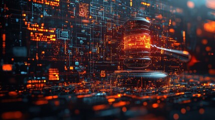 Poster - An abstract representation of a gavel in a digital format, with a glowing backdrop of legal symbols and technology icons, highlighting the evolving landscape of law and digital innovation