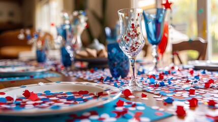 Wall Mural - Festive Memorial Day table decor featuring red, white, and blue table confetti.