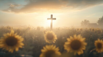 A cross is in the middle of a field of sunflowers