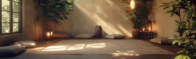 Aufkleber - A serene meditation space filled with natural light, plants, and soft textures, creating a calming atmosphere for relaxation and mindfulness.