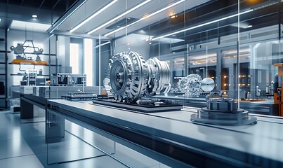 Fototapete - A modern workshop showcasing intricate mechanical components under bright lighting, highlighting advanced engineering and design.