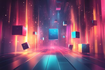 Poster - Abstract futuristic neon background with colorful cubes floating in a glowing corridor.
