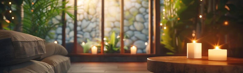 Aufkleber - A serene indoor space with candles and plants, featuring soft lighting and a cozy atmosphere, perfect for relaxation.