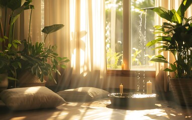 Poster - A serene, sunlit room filled with plants, cushions, and candles, creating a peaceful and inviting atmosphere for relaxation.