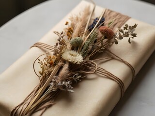 Aufkleber - A beautifully wrapped gift featuring dried flowers and natural twine, exuding a rustic and elegant charm.