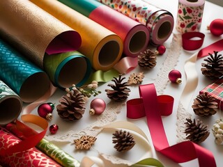 Aufkleber - A colorful arrangement of gift-wrapping materials, including rolls of patterned paper, ribbons, ornaments, and pinecones, perfect for holiday decorating.