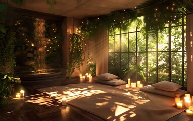 Aufkleber - A serene indoor space with lush greenery, soft lighting, and peaceful decor, creating a calming atmosphere for relaxation and wellness.