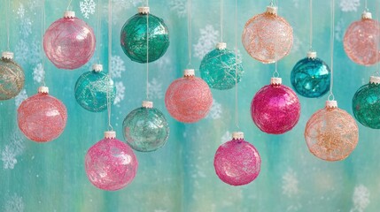 Sticker - A delightful collection of colorful Christmas ornaments glimmers in a serene winter setting, as soft snowflakes dance through the chilly air.