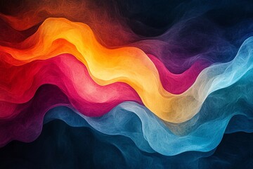 Poster - Abstract background with colorful wavy lines in red, yellow, blue, and purple on a dark background.