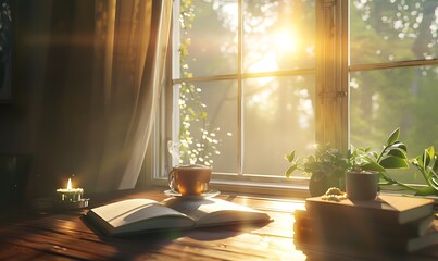 Poster - A tranquil scene with sunlight streaming through a window, illuminating an open book, a cup, and potted plants on a wooden table.