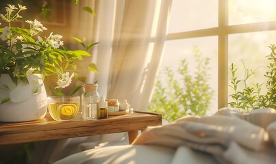 Aufkleber - A serene indoor scene featuring plants, sunlight, and herbal elements, creating a soothing atmosphere.