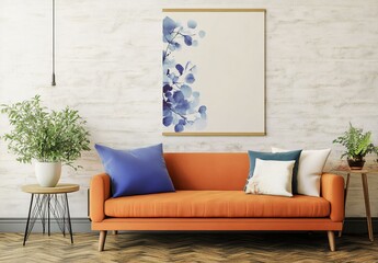 Interior of living room with sofa and mock up poster 3d rendering